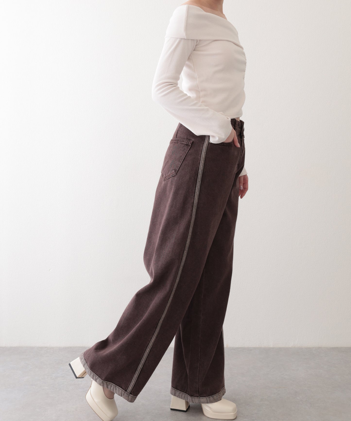 配色 ステッチライン ハイウエスト ワイド デニムパンツ