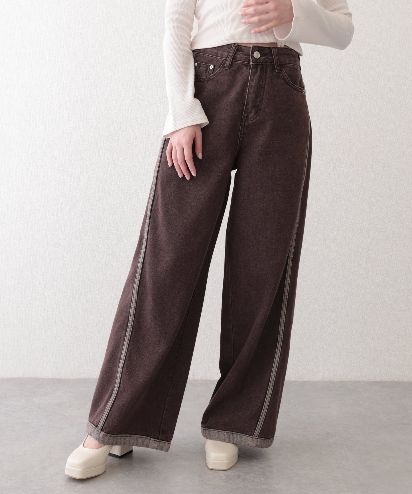 配色 ステッチライン ハイウエスト ワイド デニムパンツ