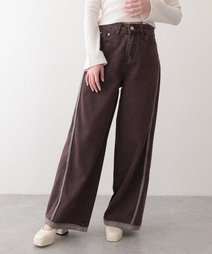 配色 ステッチライン ハイウエスト ワイド デニムパンツ