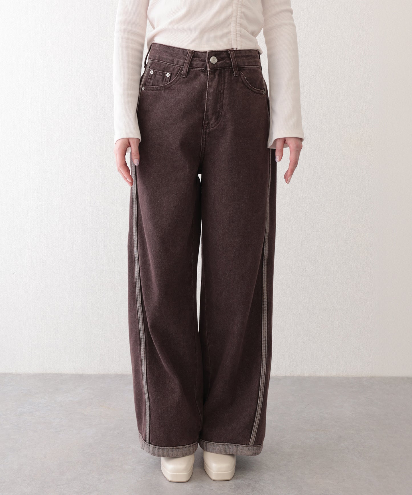 配色 ステッチライン ハイウエスト ワイド デニムパンツ