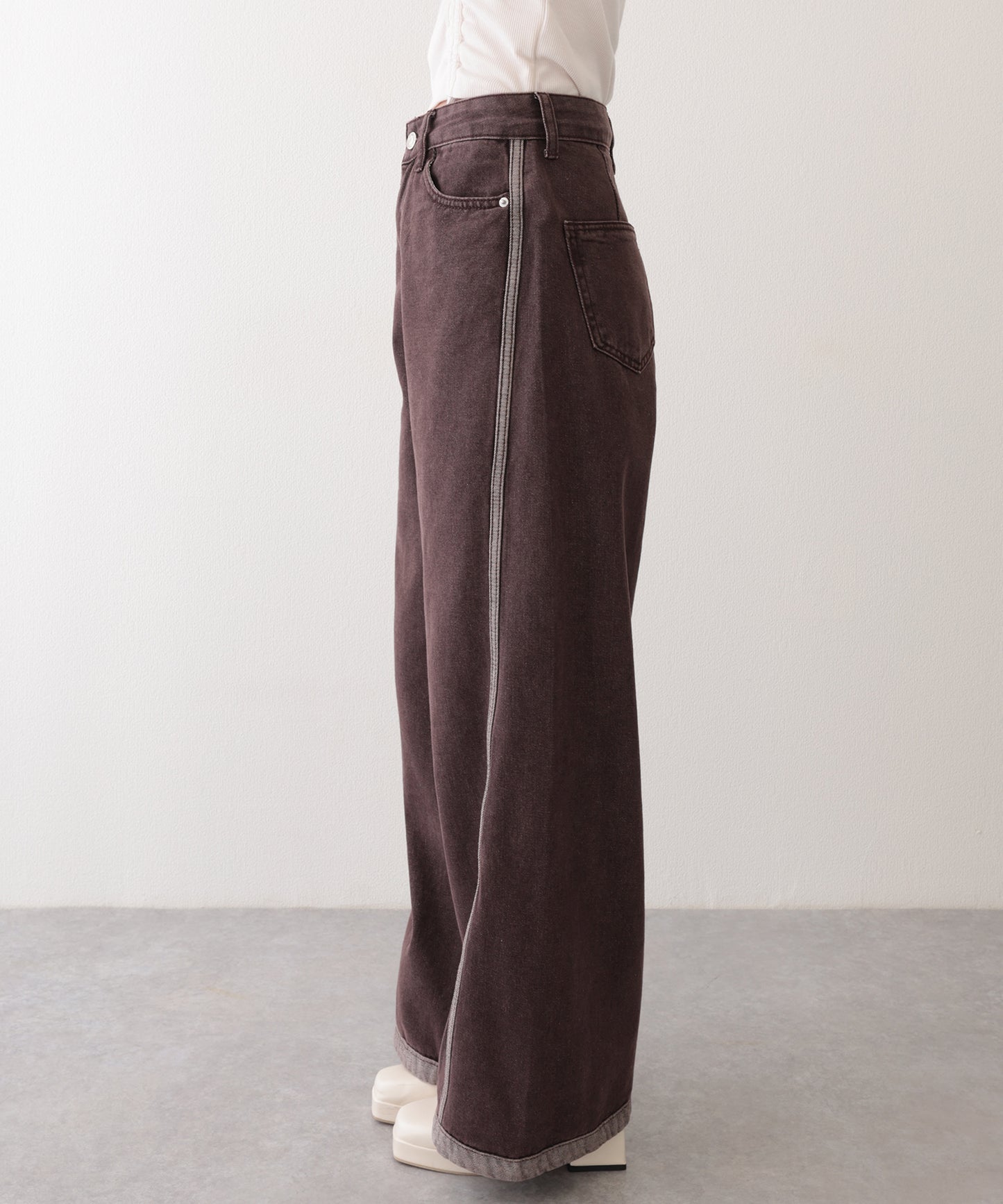 配色 ステッチライン ハイウエスト ワイド デニムパンツ