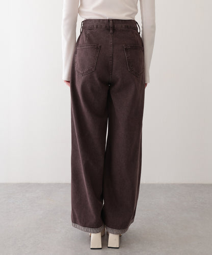 配色 ステッチライン ハイウエスト ワイド デニムパンツ