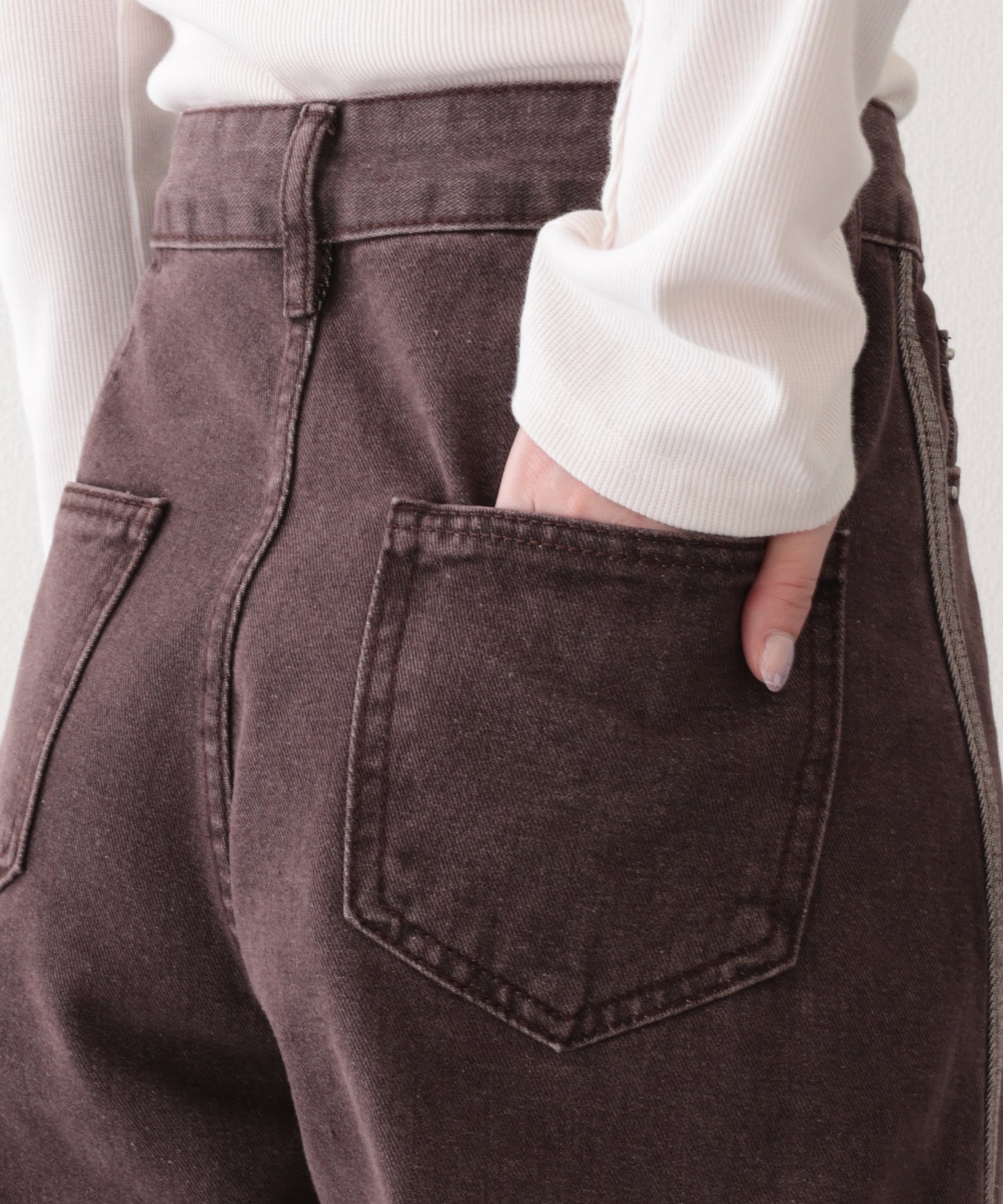 配色 ステッチライン ハイウエスト ワイド デニムパンツ