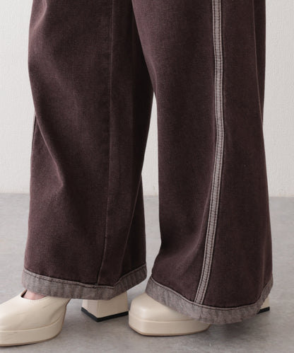 配色 ステッチライン ハイウエスト ワイド デニムパンツ