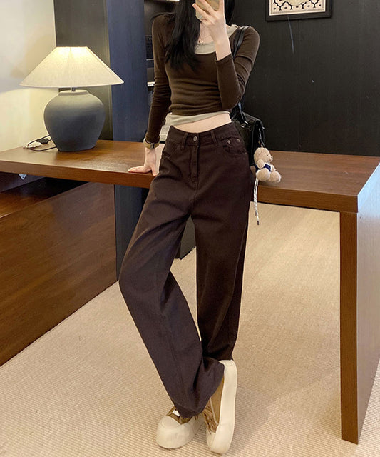 ハイウエスト ベーシック レザー調パッチ付き ストレート デニムパンツ