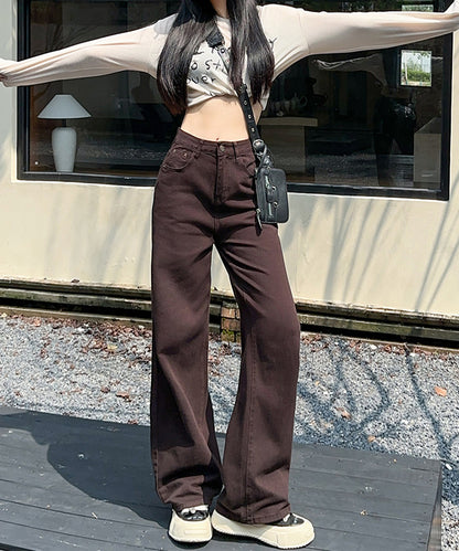 ハイウエスト ベーシック レザー調パッチ付き ストレート デニムパンツ