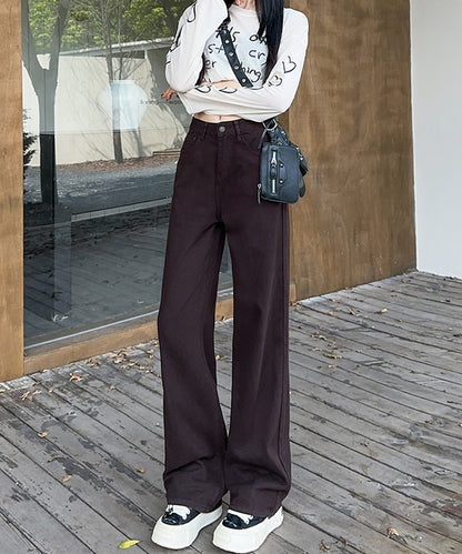 ハイウエスト ベーシック レザー調パッチ付き ストレート デニムパンツ