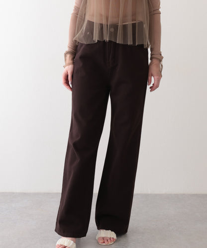 ハイウエスト ベーシック レザー調パッチ付き ストレート デニムパンツ