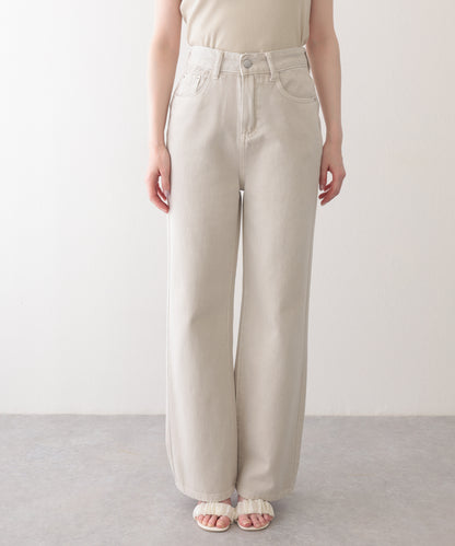 ハイウエスト ベーシック レザー調パッチ付き ストレート デニムパンツ