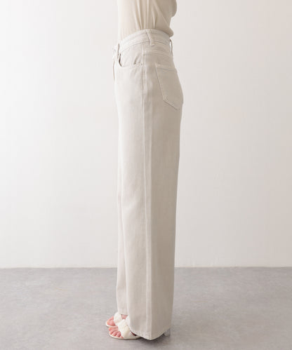 ハイウエスト ベーシック レザー調パッチ付き ストレート デニムパンツ