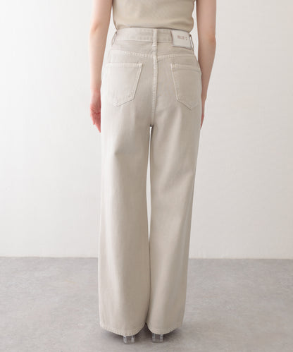 ハイウエスト ベーシック レザー調パッチ付き ストレート デニムパンツ