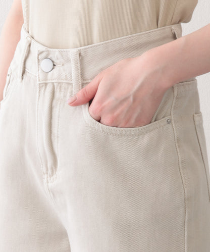 ハイウエスト ベーシック レザー調パッチ付き ストレート デニムパンツ