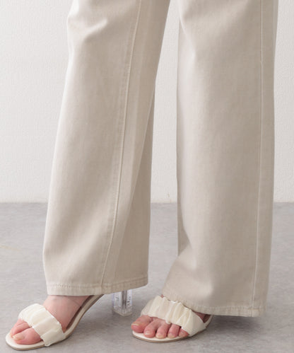 ハイウエスト ベーシック レザー調パッチ付き ストレート デニムパンツ