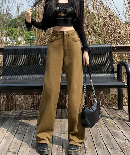 ハイウエスト ベーシック レザー調パッチ付き ストレート デニムパンツ