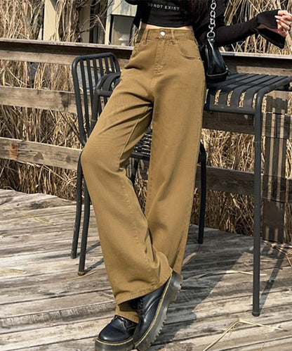 ハイウエスト ベーシック レザー調パッチ付き ストレート デニムパンツ