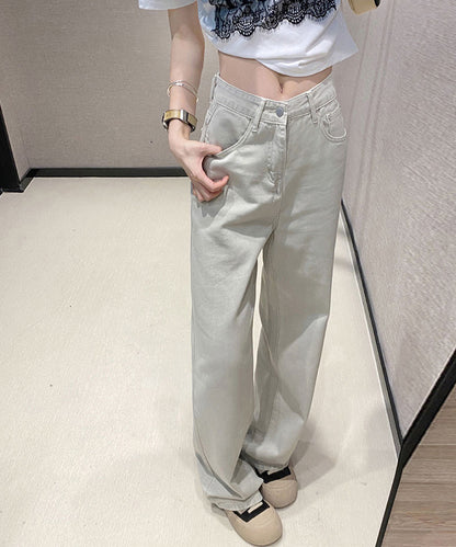 ハイウエスト ベーシック レザー調パッチ付き ストレート デニムパンツ