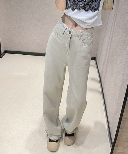 ハイウエスト ベーシック レザー調パッチ付き ストレート デニムパンツ