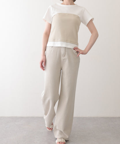 ハイウエスト ベーシック レザー調パッチ付き ストレート デニムパンツ