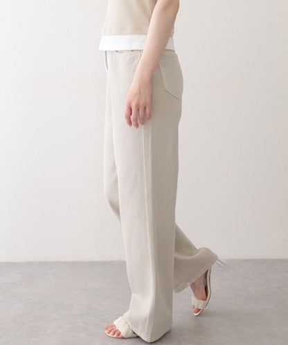 ハイウエスト ベーシック レザー調パッチ付き ストレート デニムパンツ