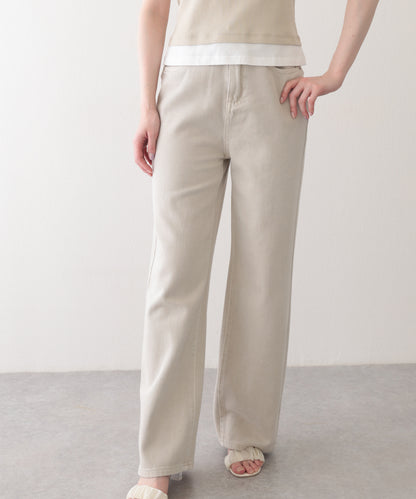 ハイウエスト ベーシック レザー調パッチ付き ストレート デニムパンツ