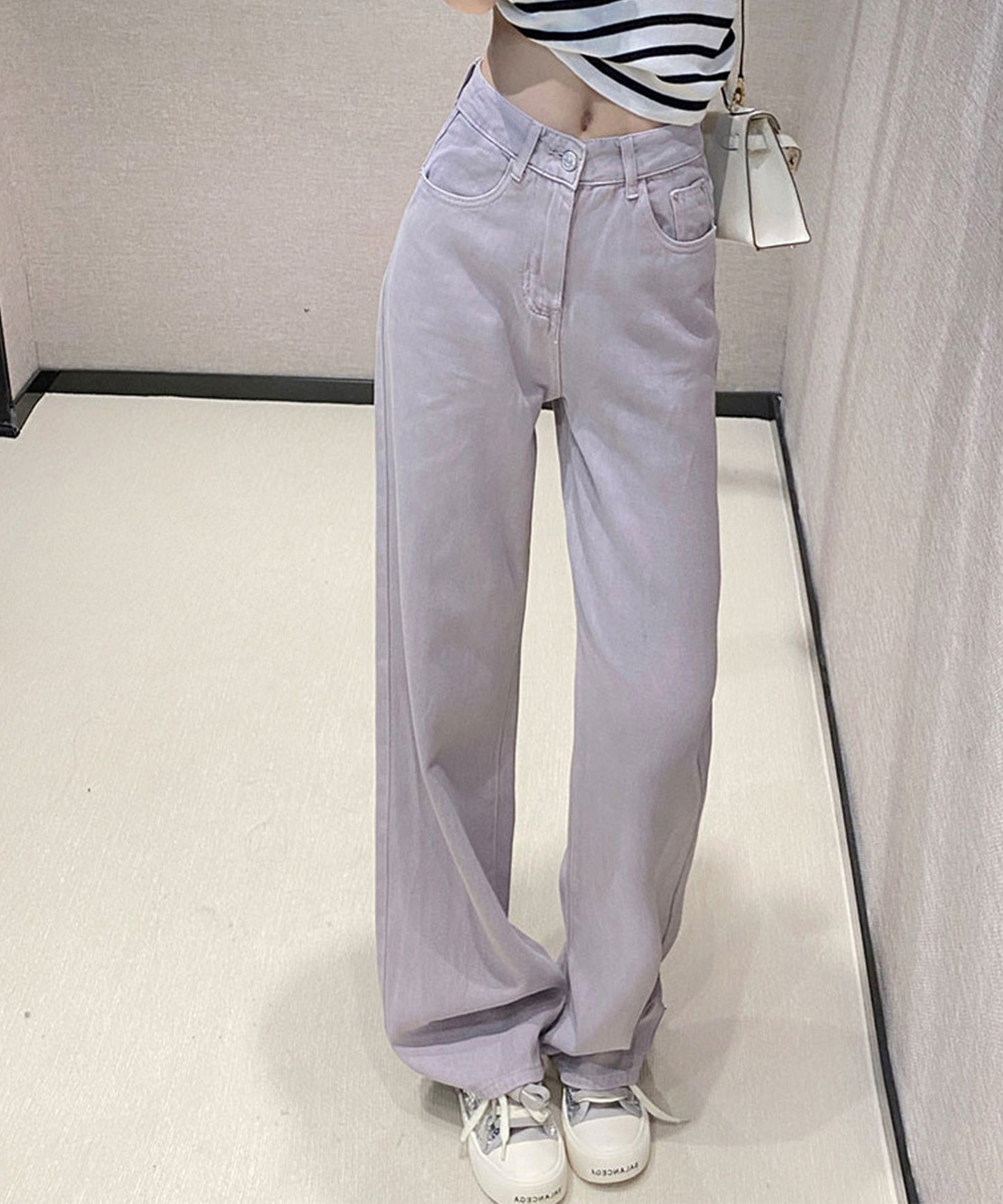 ハイウエスト ベーシック レザー調パッチ付き ストレート デニムパンツ