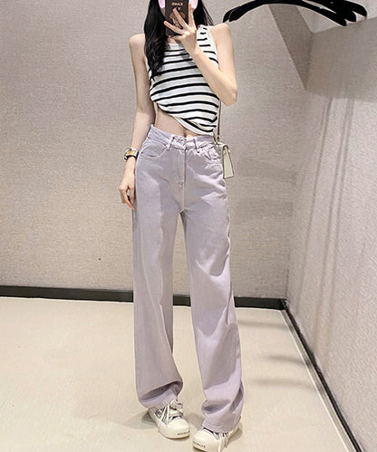 ハイウエスト ベーシック レザー調パッチ付き ストレート デニムパンツ