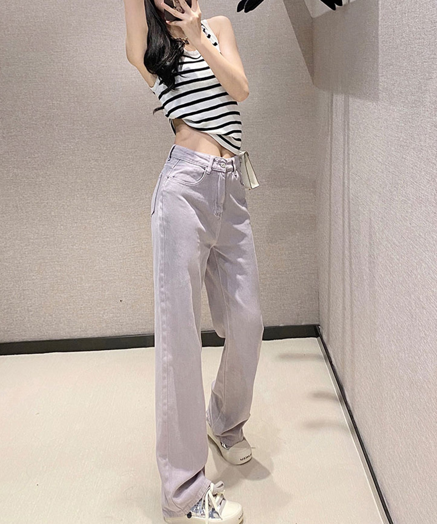 ハイウエスト ベーシック レザー調パッチ付き ストレート デニムパンツ