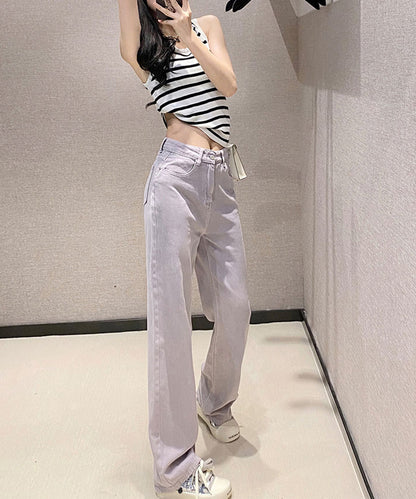 ハイウエスト ベーシック レザー調パッチ付き ストレート デニムパンツ