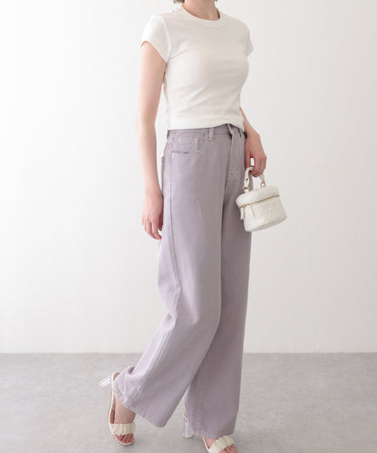 ハイウエスト ベーシック レザー調パッチ付き ストレート デニムパンツ