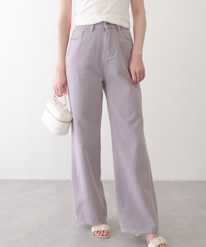 ハイウエスト ベーシック レザー調パッチ付き ストレート デニムパンツ