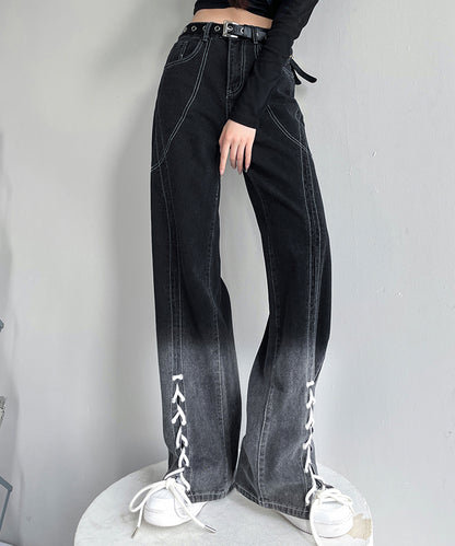 配色 ステッチ フロント レースアップ ハイウエスト デニムパンツ