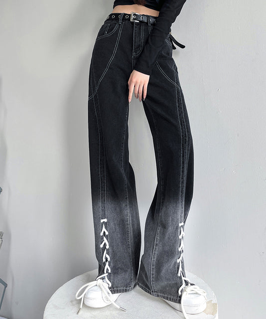 配色 ステッチ フロント レースアップ ハイウエスト デニムパンツ