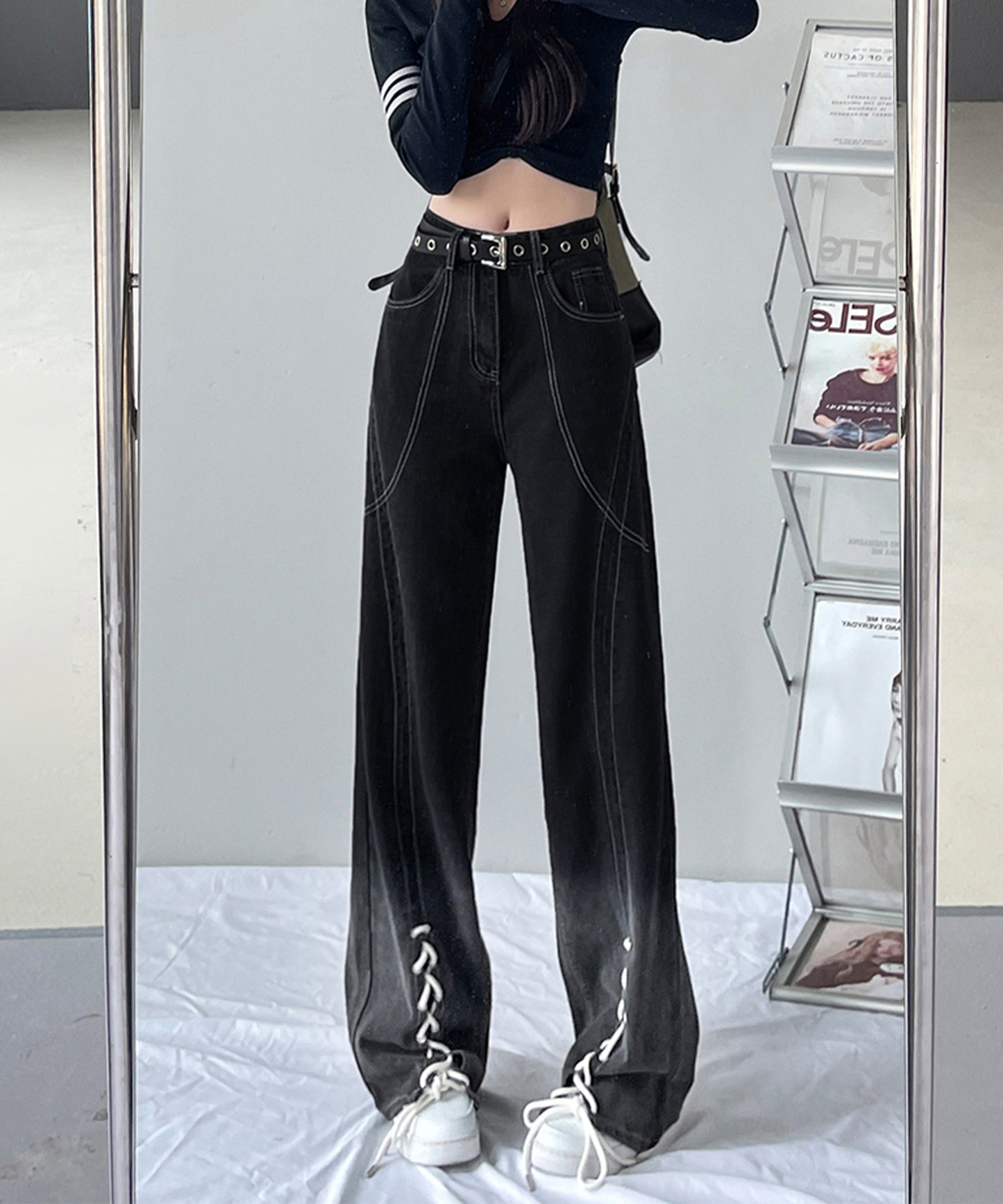 配色 ステッチ フロント レースアップ ハイウエスト デニムパンツ