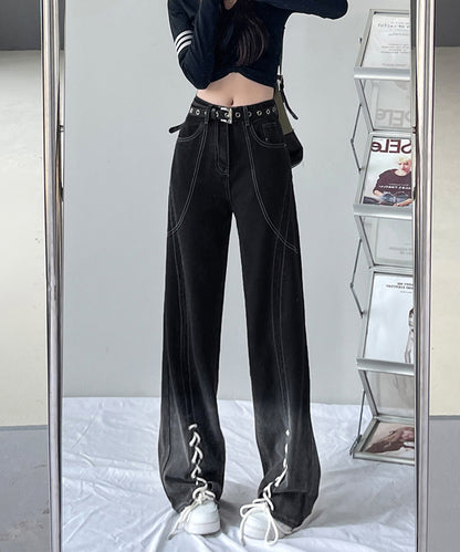 配色 ステッチ フロント レースアップ ハイウエスト デニムパンツ