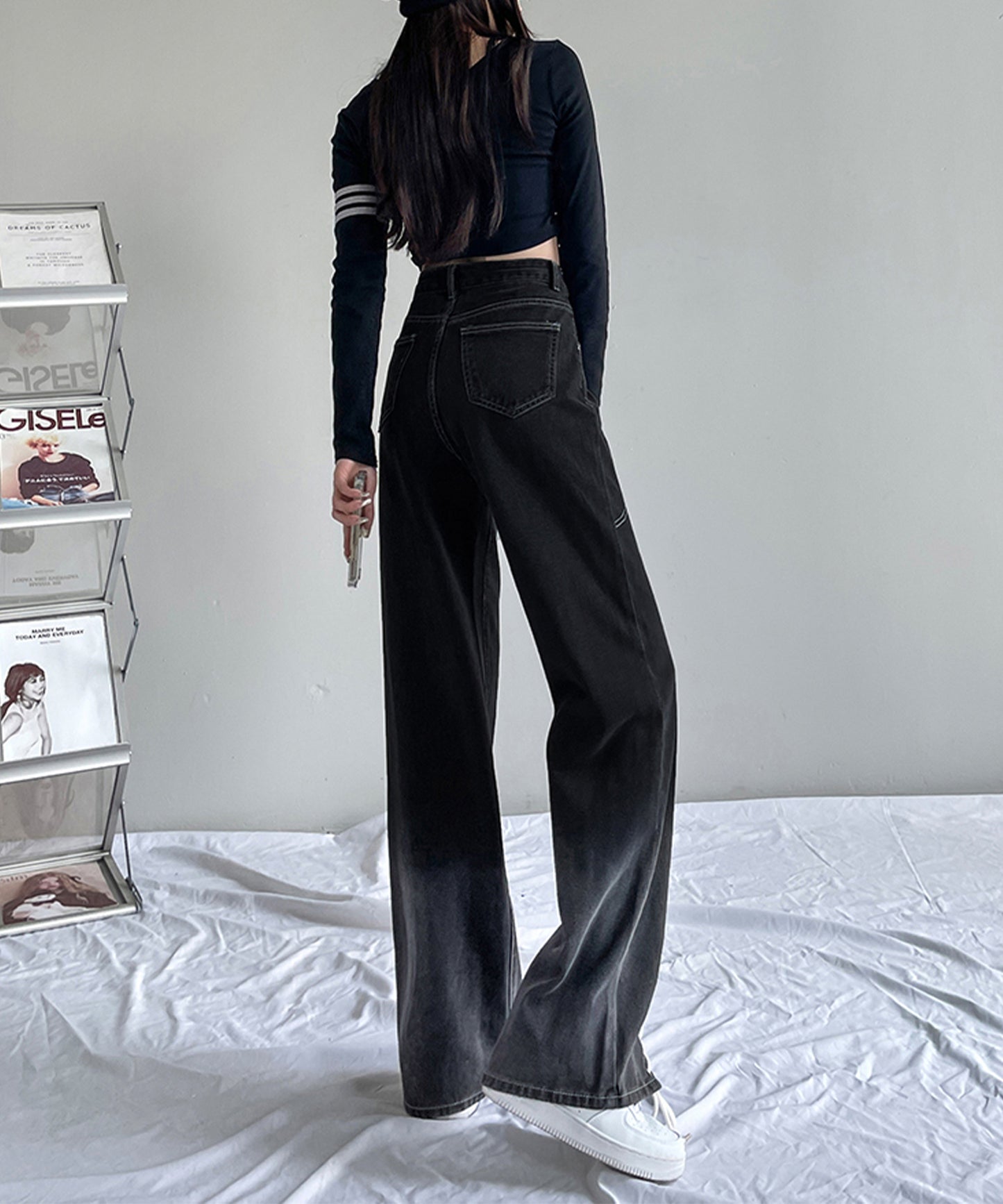 配色 ステッチ フロント レースアップ ハイウエスト デニムパンツ