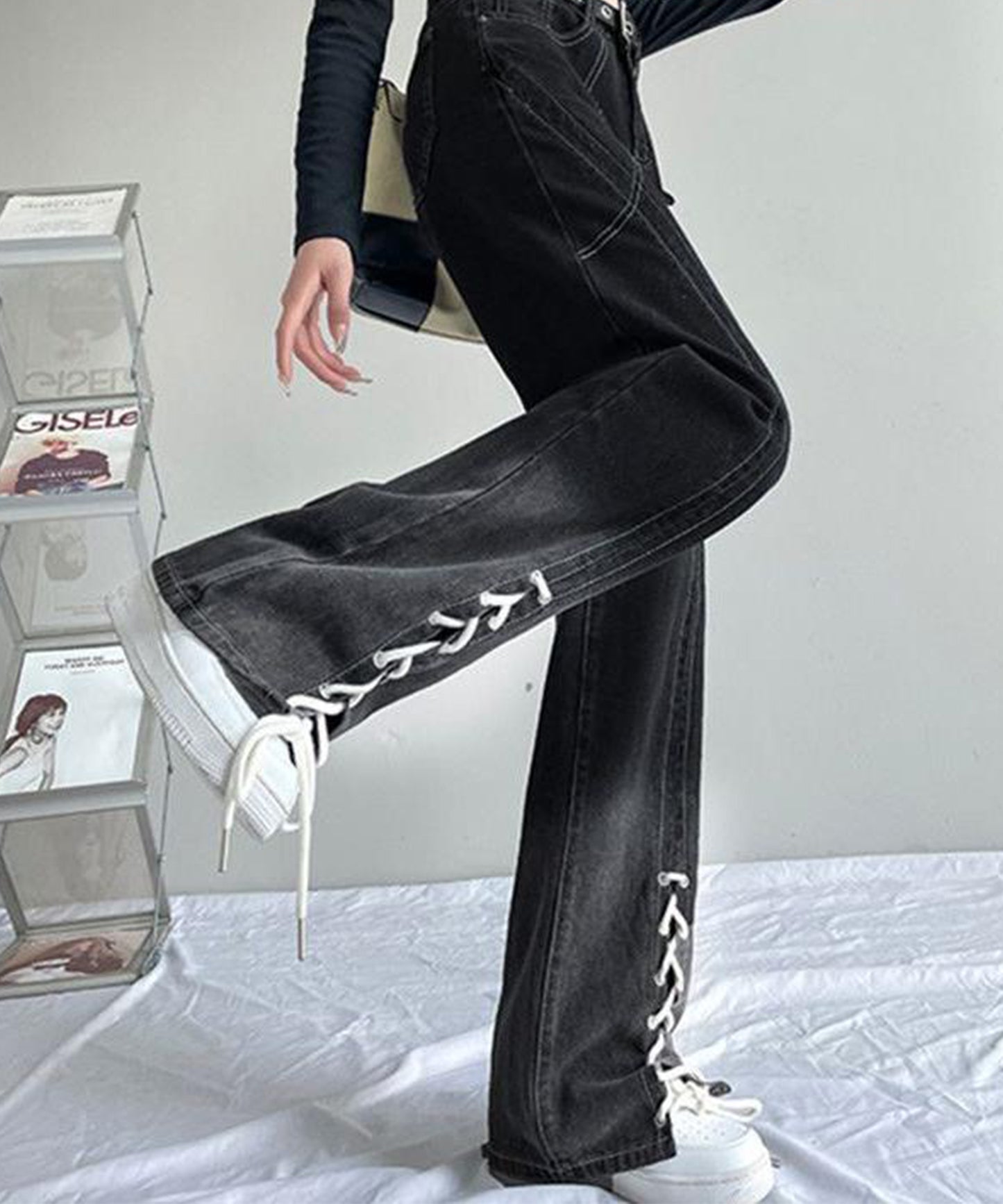 配色 ステッチ フロント レースアップ ハイウエスト デニムパンツ