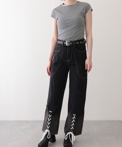 配色 ステッチ フロント レースアップ ハイウエスト デニムパンツ