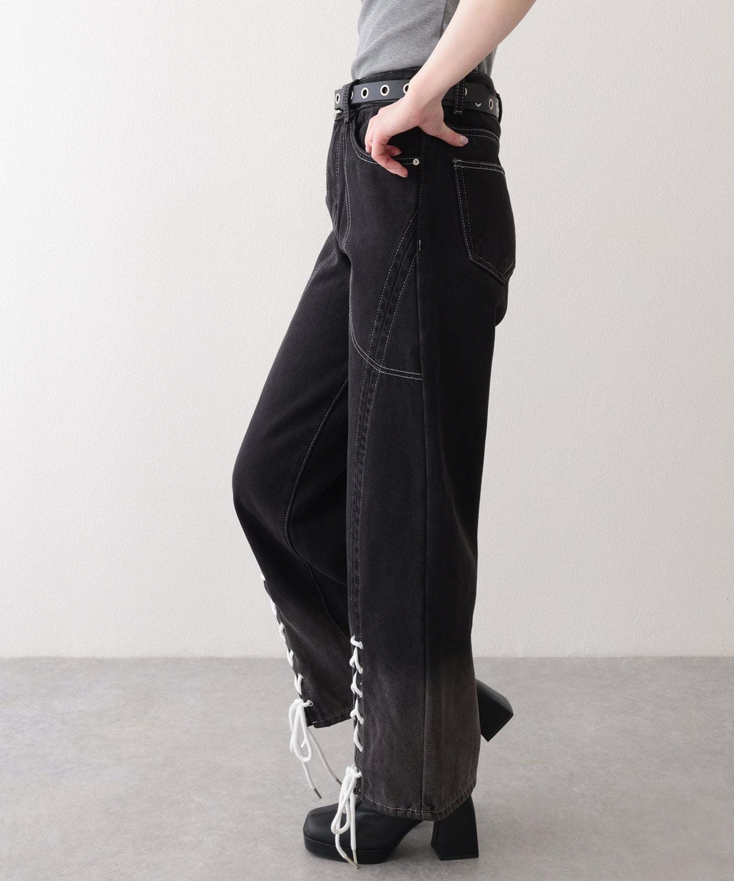 配色 ステッチ フロント レースアップ ハイウエスト デニムパンツ