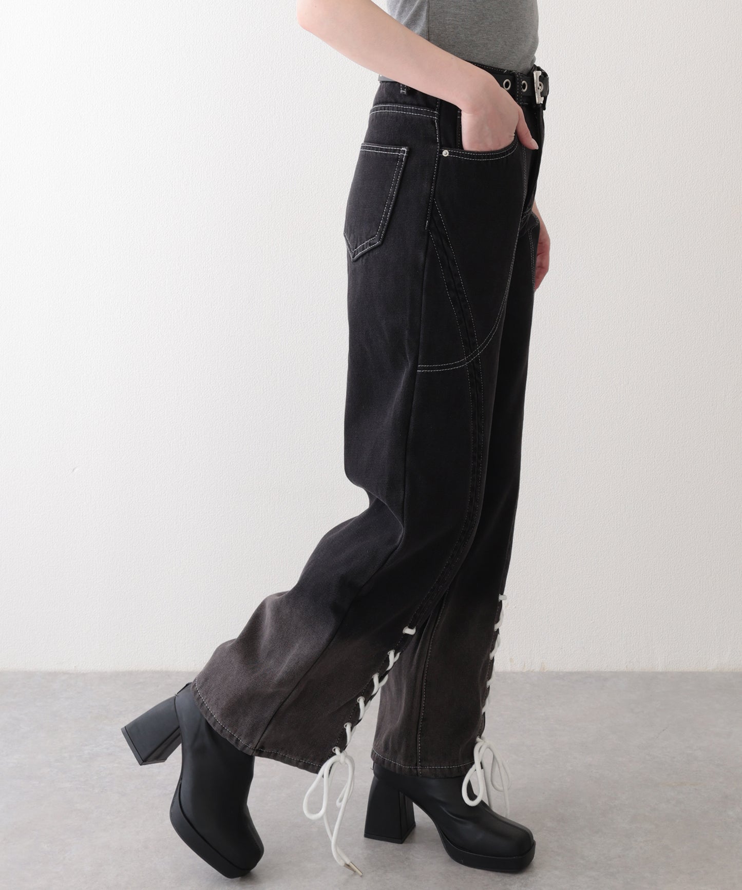配色 ステッチ フロント レースアップ ハイウエスト デニムパンツ