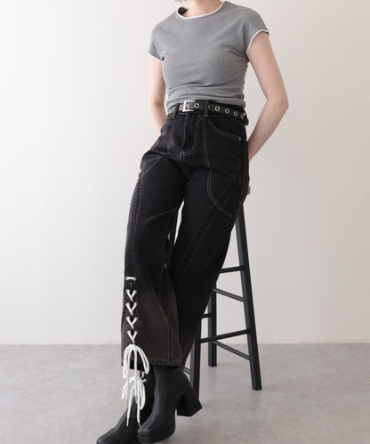 配色 ステッチ フロント レースアップ ハイウエスト デニムパンツ