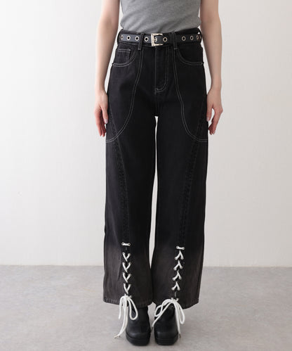 配色 ステッチ フロント レースアップ ハイウエスト デニムパンツ