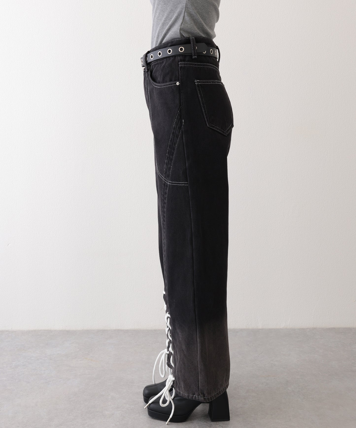 配色 ステッチ フロント レースアップ ハイウエスト デニムパンツ