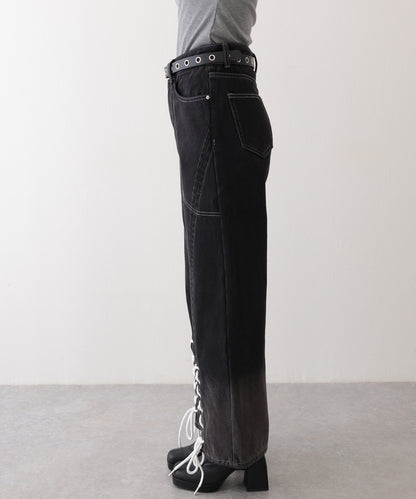 配色 ステッチ フロント レースアップ ハイウエスト デニムパンツ