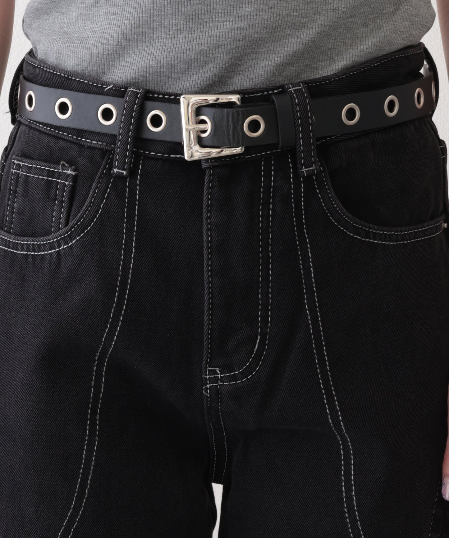 配色 ステッチ フロント レースアップ ハイウエスト デニムパンツ