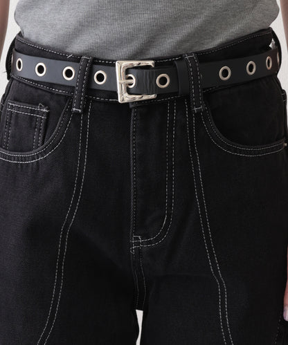 配色 ステッチ フロント レースアップ ハイウエスト デニムパンツ