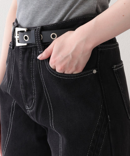 配色 ステッチ フロント レースアップ ハイウエスト デニムパンツ