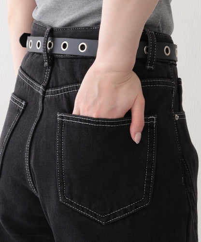 配色 ステッチ フロント レースアップ ハイウエスト デニムパンツ