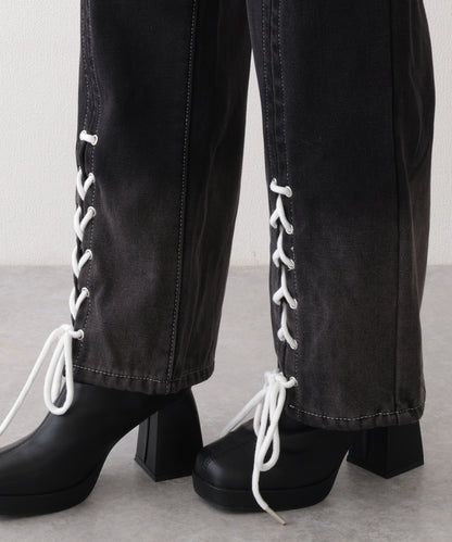 配色 ステッチ フロント レースアップ ハイウエスト デニムパンツ