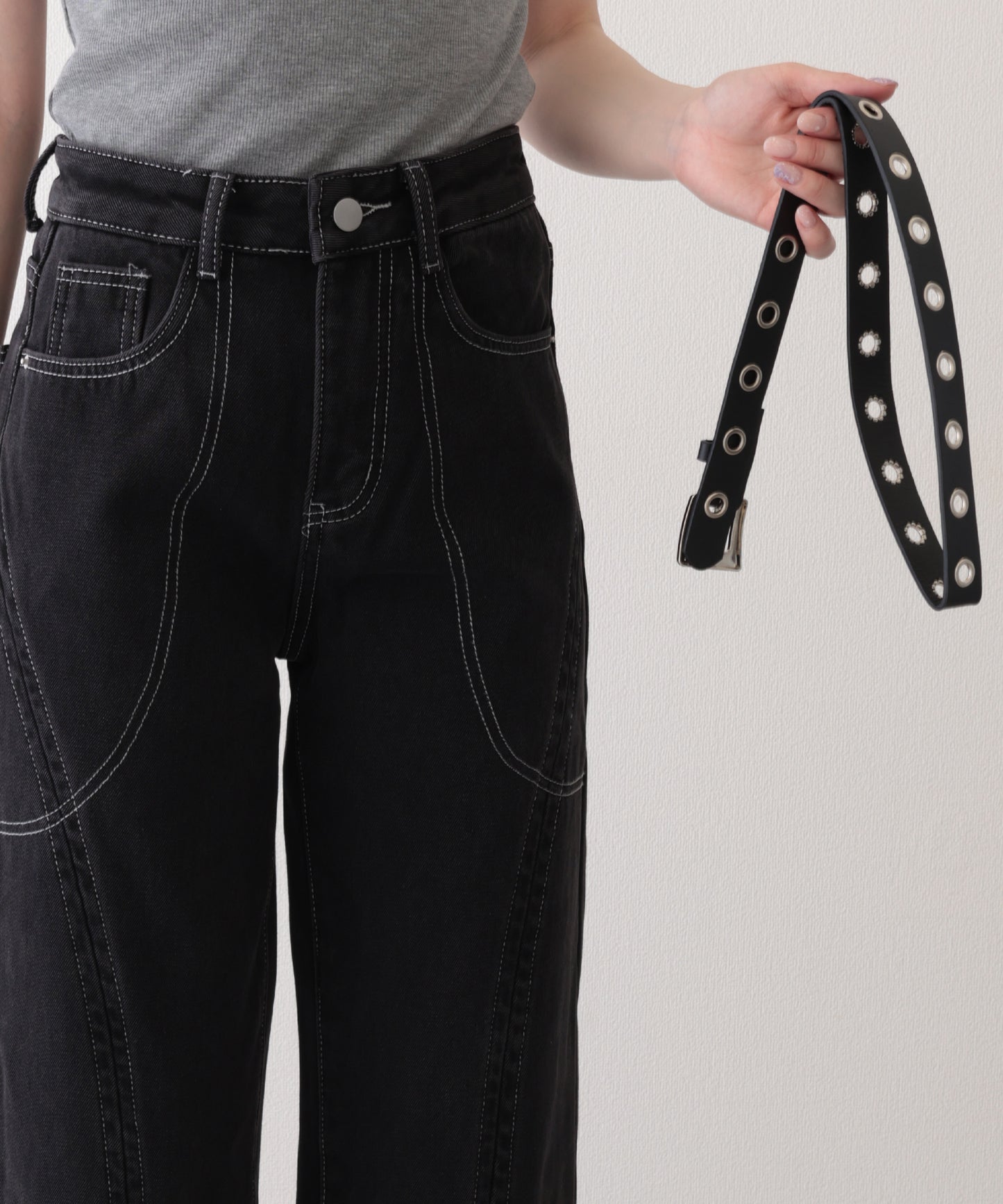 配色 ステッチ フロント レースアップ ハイウエスト デニムパンツ