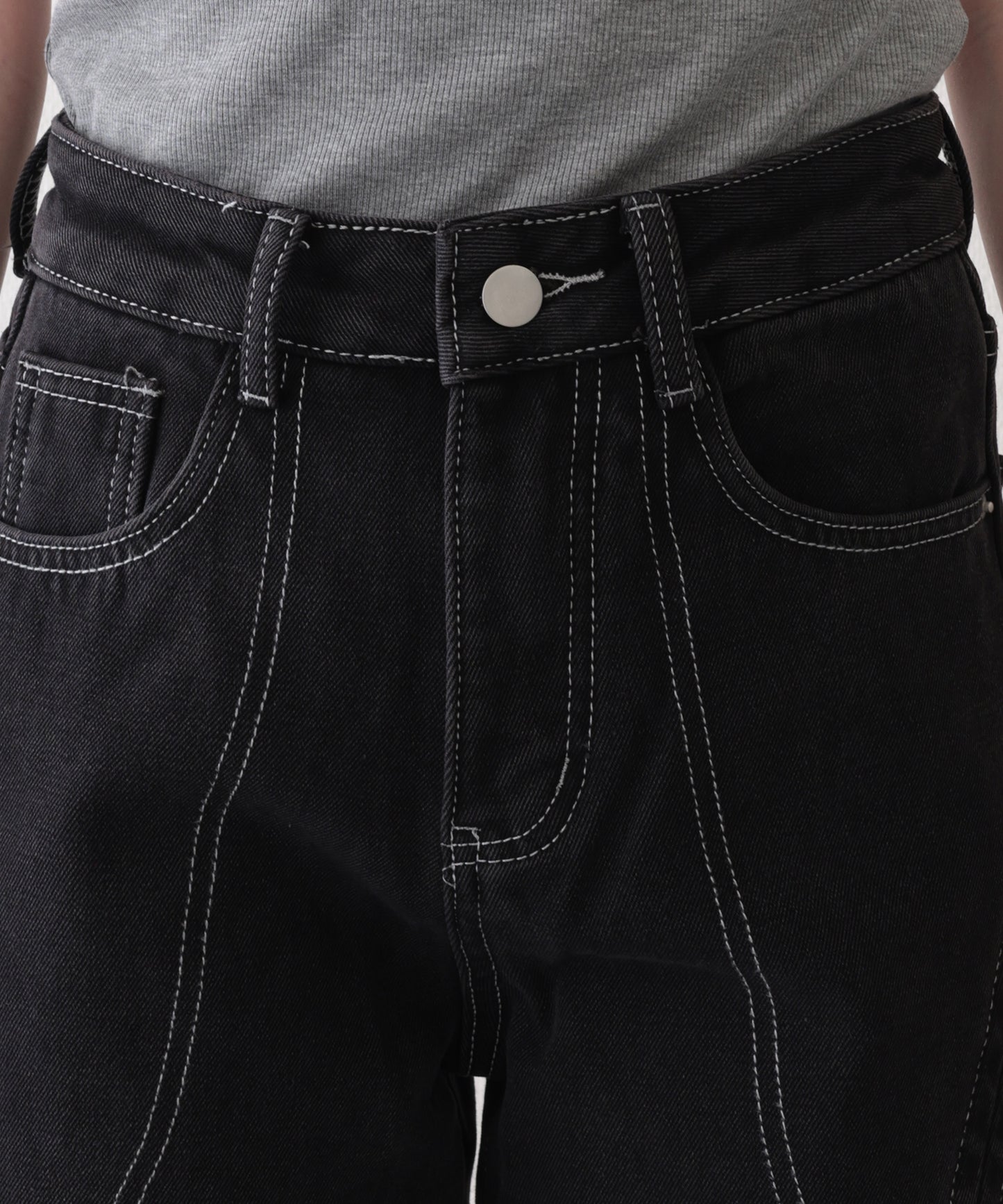 配色 ステッチ フロント レースアップ ハイウエスト デニムパンツ